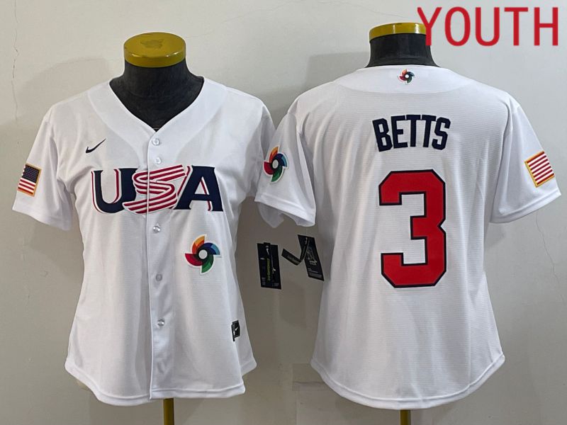 Youth 2023 World Cub USA #3 Betts White MLB Jersey9->youth mlb jersey->Youth Jersey